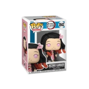 Este Funko de Nezuko Kamado se aprecia un cinta rosa en el pelo y un kimono rosa y negro