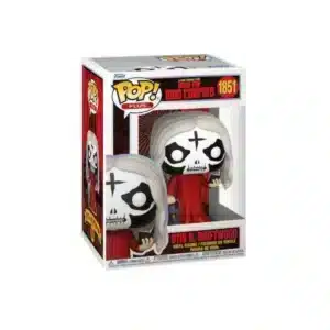 Funko Otis B. Driftwood 1851 plus. Figura terrorifica con tunica roja, cara pintada de blanca con cruz en la frente y biblia en la mano