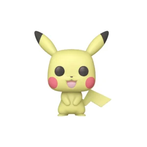 Funko de pikachu pokemon electrico. Aparece con su color de piel amarillo, coloretes rojos y puntas de orejas negras.