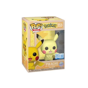 Funko de pikachu pokemon electrico. Aparece con su color de piel amarillo, coloretes rojos y puntas de orejas negras.