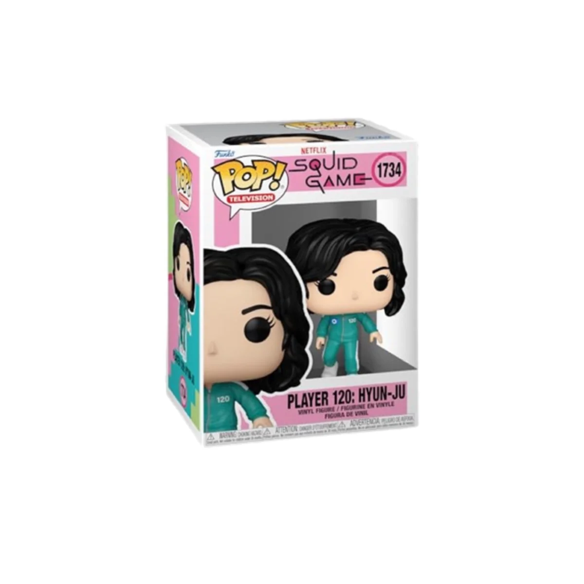 Funko Hyun Ju, jugador del juego del calamar. Pelo negro y traje verde