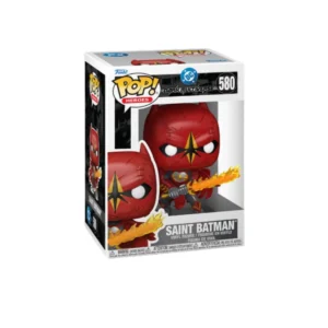Funko saint batman 580. El personaje de DC comics aparece con traje rojo y espada de fuego en las manos