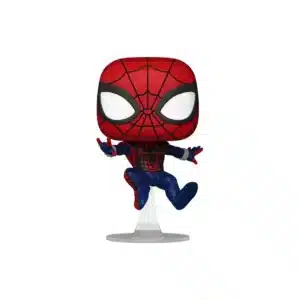 Es un funko de Spider-Man con colores rojos y negros, podemos observar que se encuentra saltando