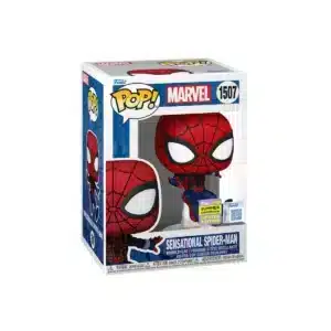 Es un funko de Spider-Man con colores rojos y negros, podemos observar que se encuentra saltando
