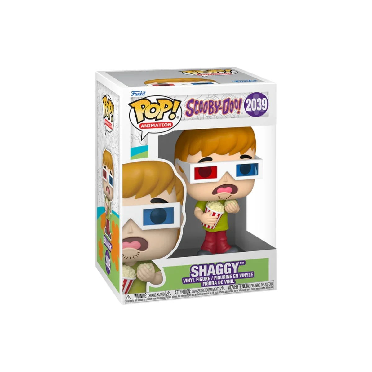 En este Funko Shaggy 2039 de Scooby Doo podemos ver que lleva unas gafas de cine color rojo y azul. Además esta comiendo palomitas, como si de una pelicula de cine se tratara.