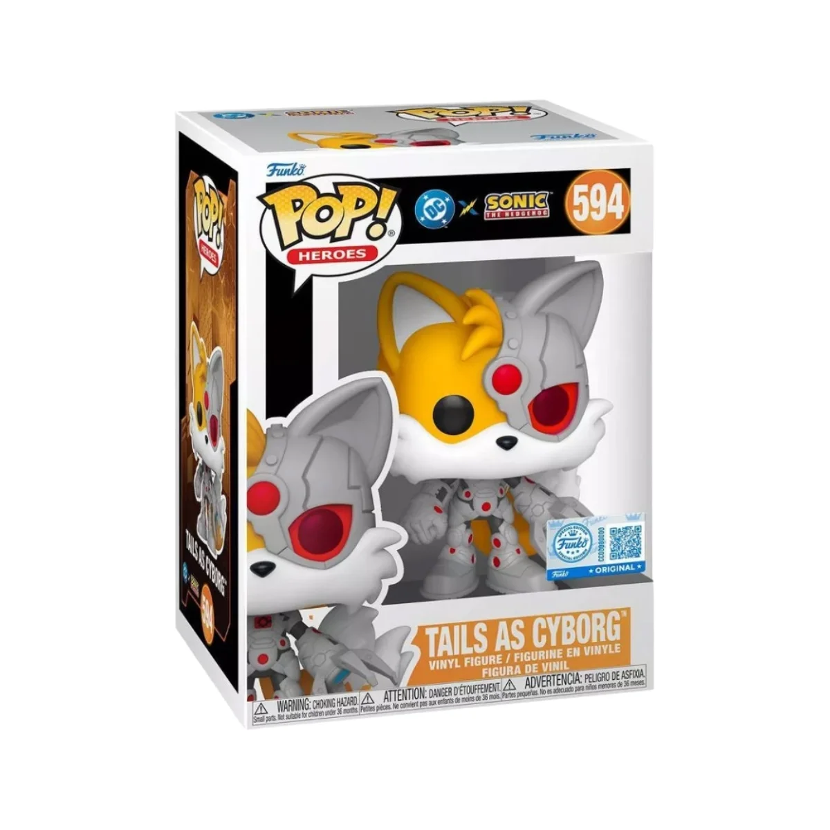 En este Funko Sonic Tails Cyborg 594 SE Justice League se ve que Tails tiene en su ojo el símbolo de cyborg y los colores naranja y gris componen su cara