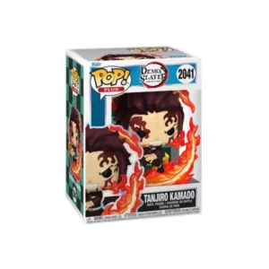 Este Funko de Tanjiro Kamado se observa que tiene la cara llena de sangre y tiene fuego alrededor