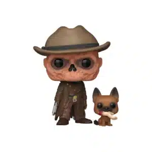 Funko The goul with Cx404 de la serie Fallout. Aparece con su sombrero y gabardina marron. tambien le acompaña su perro que está sentado