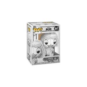 Este es el Funko de Cruella de Vil de color blanco con detalles negros.