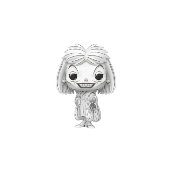 Este es el Funko de Cruella de Vil de color blanco con detalles negros.
