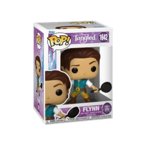 Este Funko Flynn 1642 Tangled se observa que tiene una sartén en la mano y esta vestido con botas.