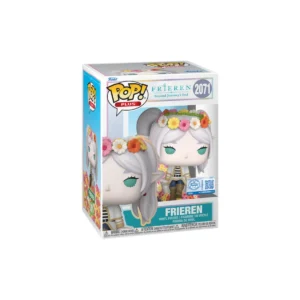 Este Funko de Frieren es una hechicera con flores en la cabeza y el pelo de color plateado.