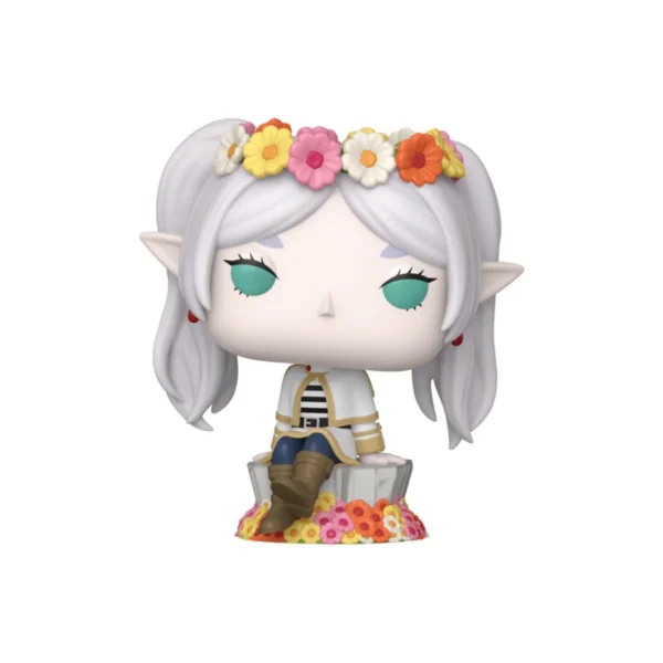 Este Funko es de Frieren con flores en la cabeza y el pelo de color blanco.