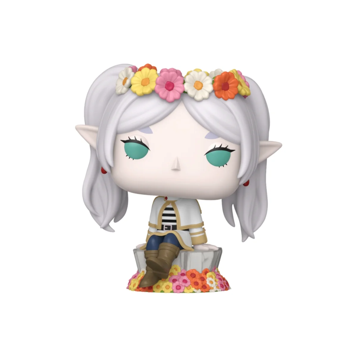 Este Funko es de Frieren con flores en la cabeza y el pelo de color blanco.