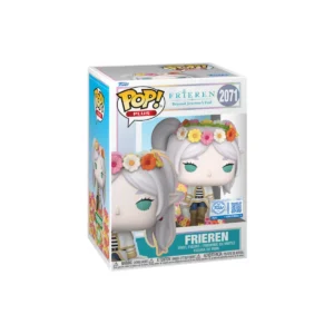 Este Funko es de Frieren con flores en la cabeza y el pelo de color blanco.