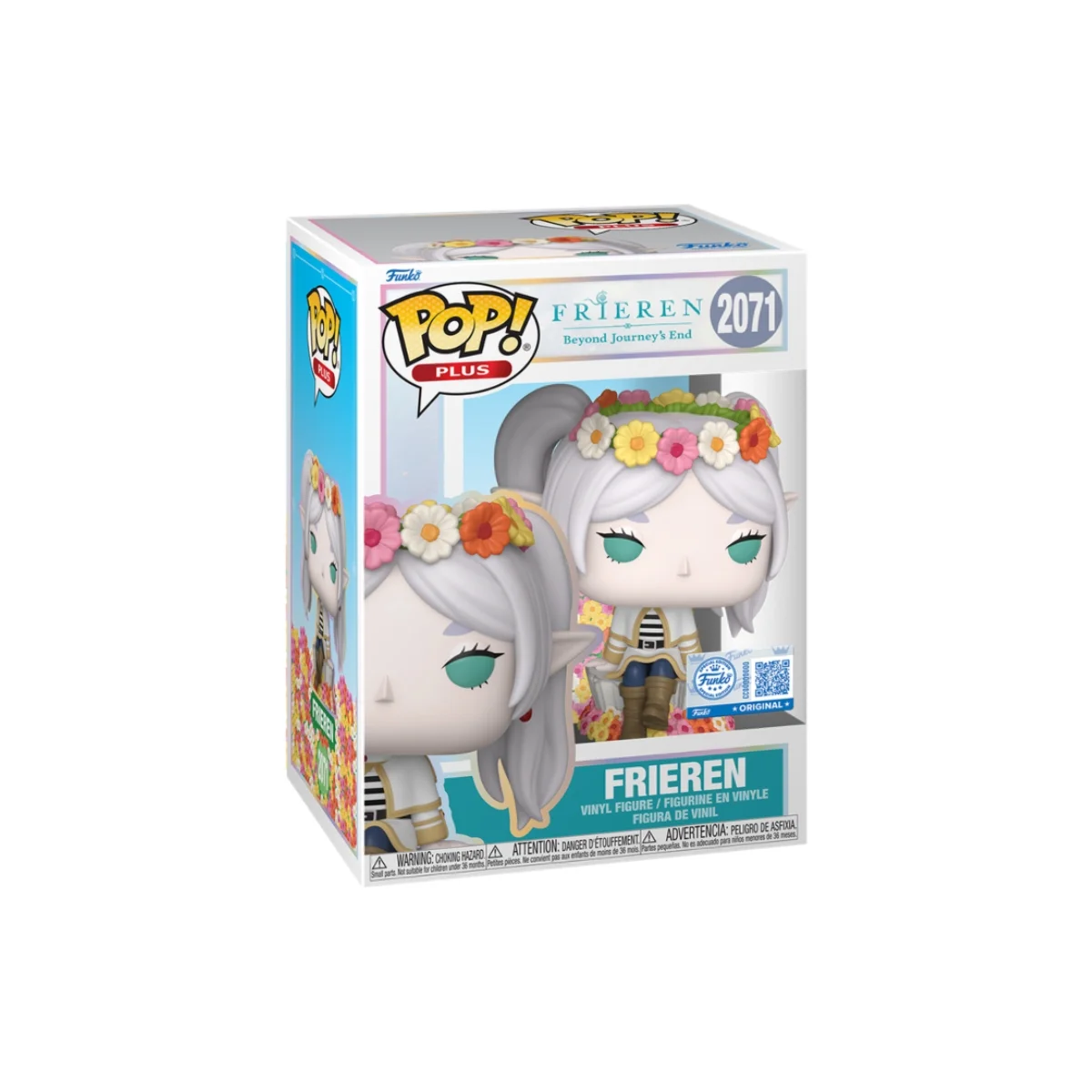 Este Funko es de Frieren con flores en la cabeza y el pelo de color blanco.
