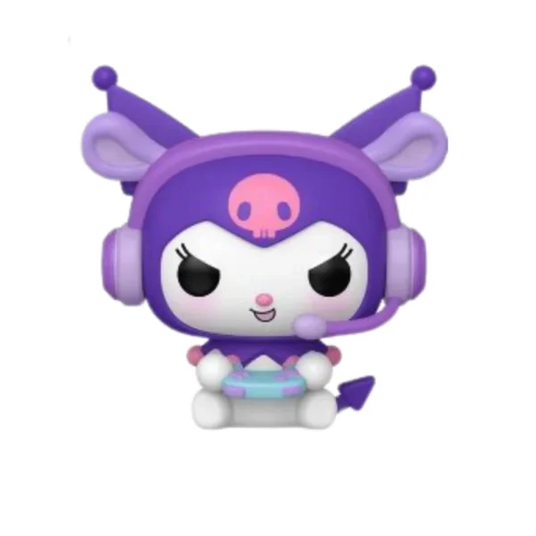 Este Funko de Kuromi se puede ver que esta sentada y con unos cascos en las orejas.
