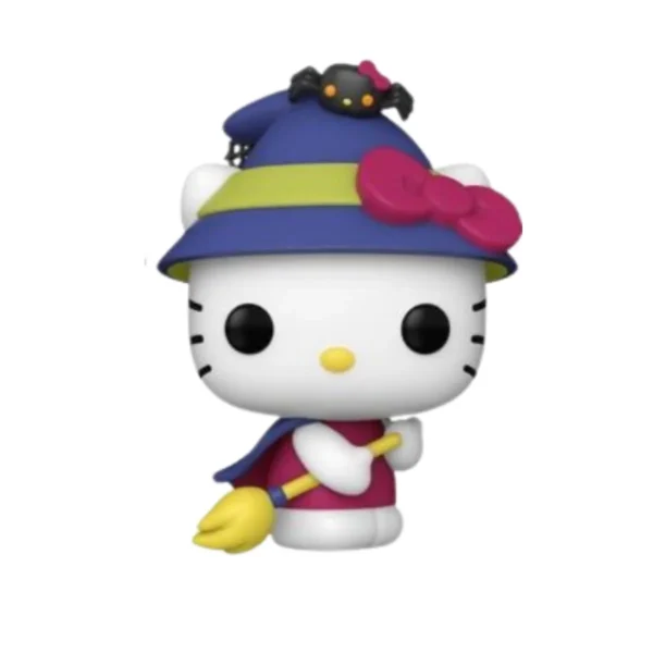 Este Funko de Hello Kitty se observa una escoba en las manos y y un sombrero con un lazo.