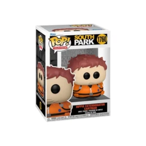 Este Funko Hippie Exterminator Cartman 1760 se ve con una traje naranja y ojos negros.
