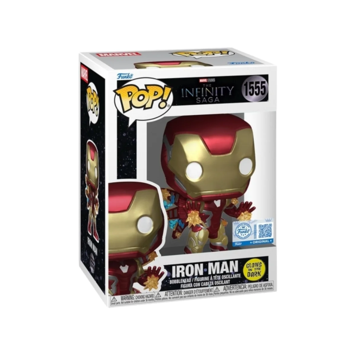 Funko de Iron Man 1555 de la saga marvel que brilla en la oscuridad