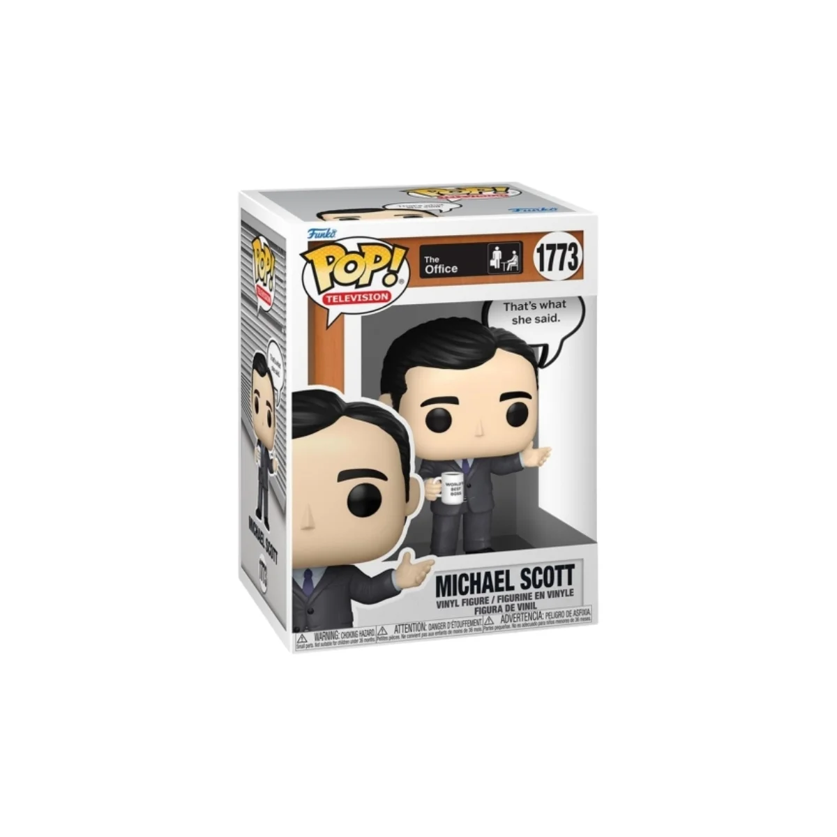 Este es el Funko de Michael Scott que se ve con un traje y una taza en la mano.