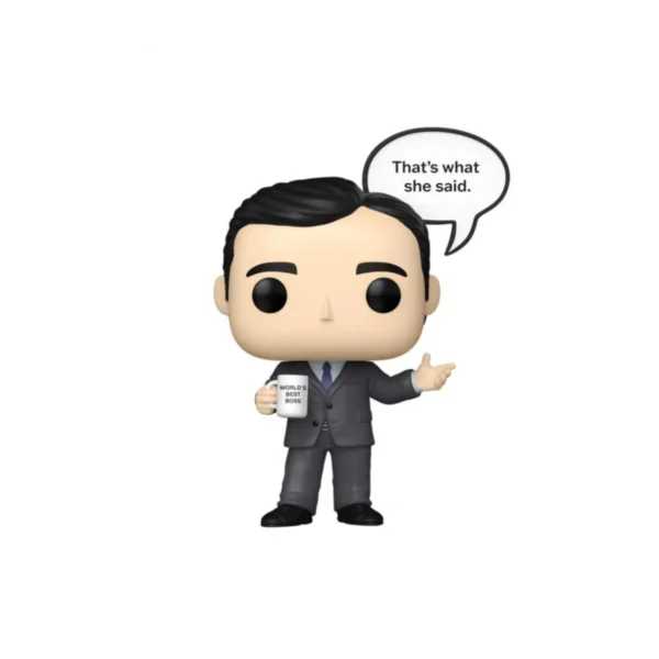 Este es el Funko de Michael Scott que se ve con un traje y una taza en la mano.