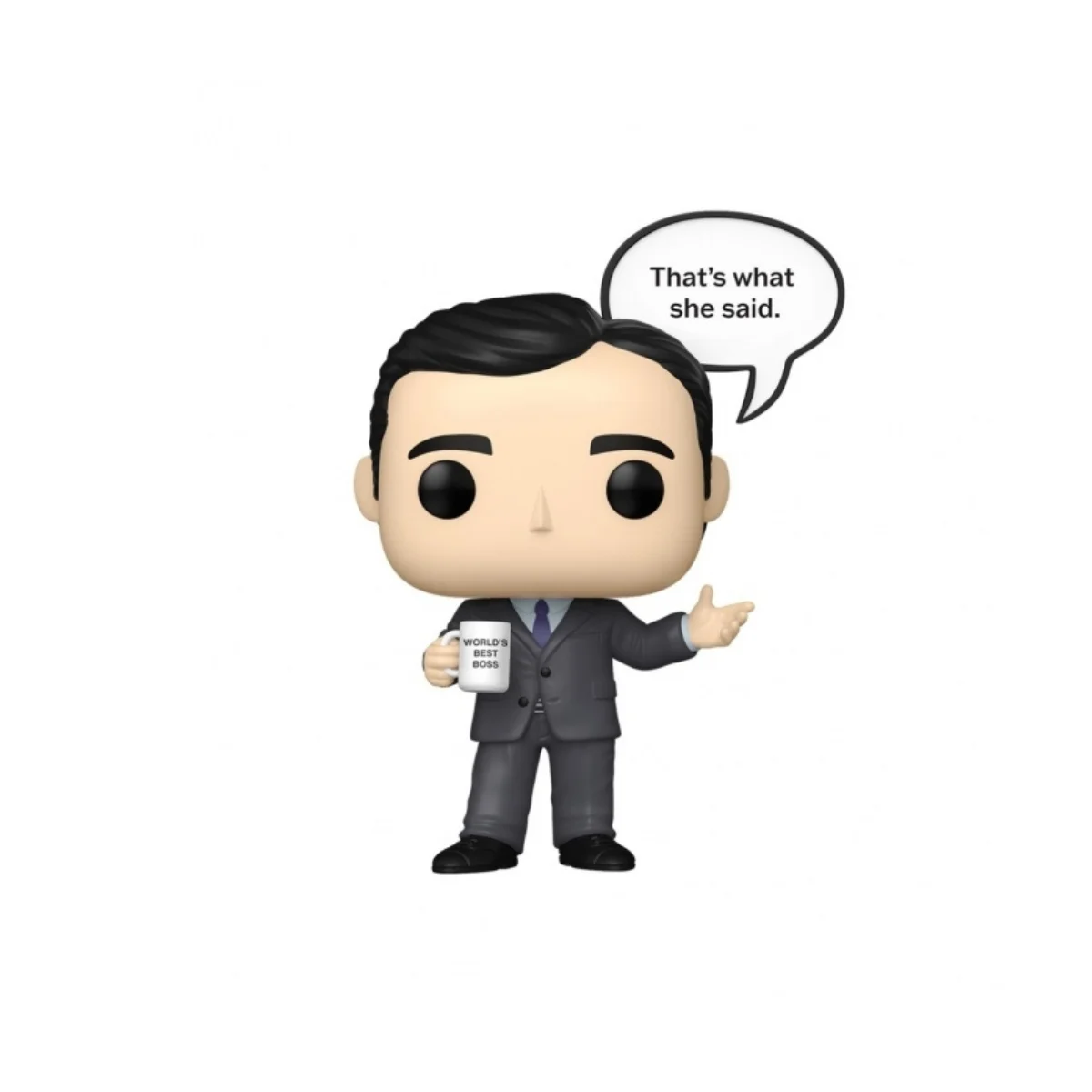 Este es el Funko de Michael Scott que se ve con un traje y una taza en la mano.