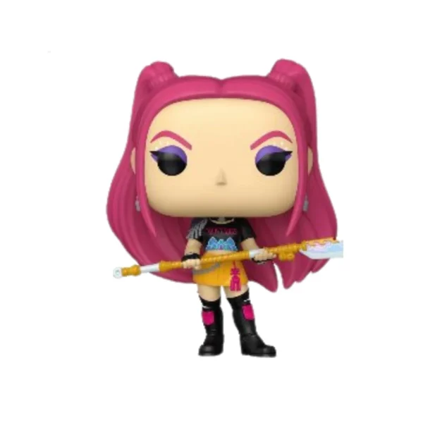 Este Funko de Mira con coleta y el pelo rosa, además una botas.
