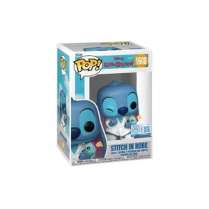 funko de stitch la mascota alienigena de lili. Podemos verlo en bata blanca y con un ojo guiñado