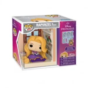 Este Funko Rapunzel in Tower Disney se ve que tiene el pelo largo y rubio y se encuentra delante de una ventana.