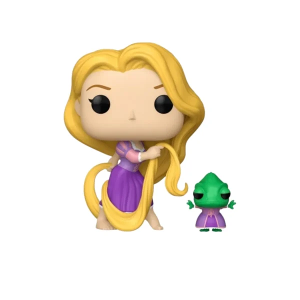 Este Funko se ve a Rapunzel que tiene el pelo largo y rubio al lado de Pascal.