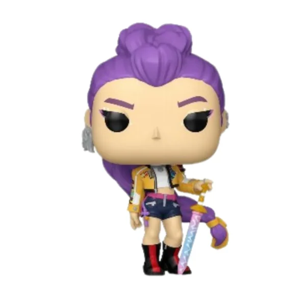 Este Funko de Rumi se ve el pelo largo con coleta de color rosa y pantalones corto.