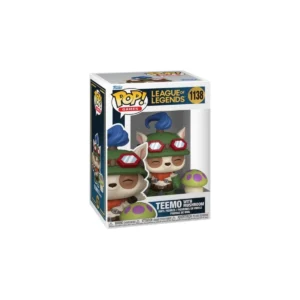 Este Funko es Teemo con Mushroom y se le ve vestido de explorador y la seta al lado suyo.