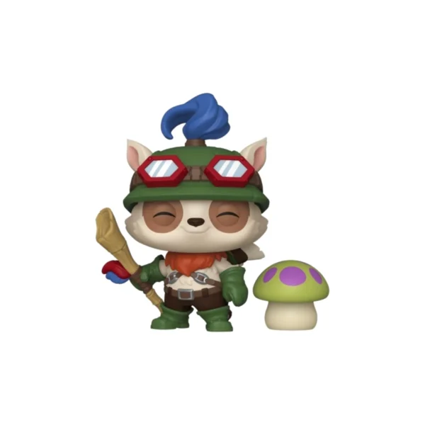 Este Funko es Teemo con Mushroom y se le ve vestido de explorador y la seta al lado suyo.