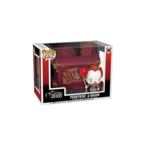 Este es un Funko de Pennywise y aparece con un globa y un carro a su lado.