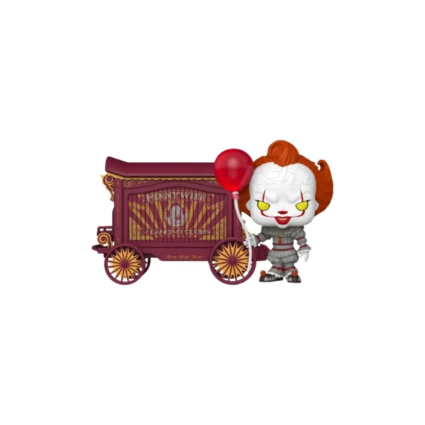 Este es un Funko de Pennywise y aparece con un globa y un carro a su lado.