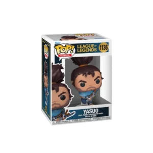 Este Funko de Yasuo es un espadachín que tiene el pelo largo con coleta.