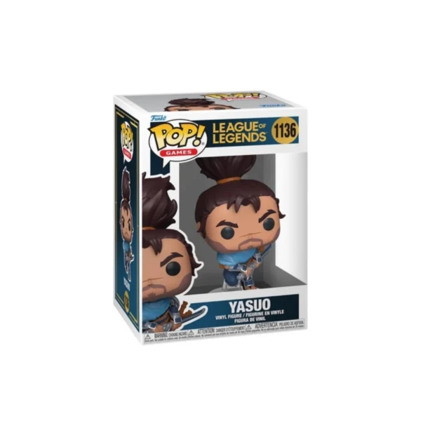 Este Funko de Yasuo es un espadachín que tiene el pelo largo con coleta.