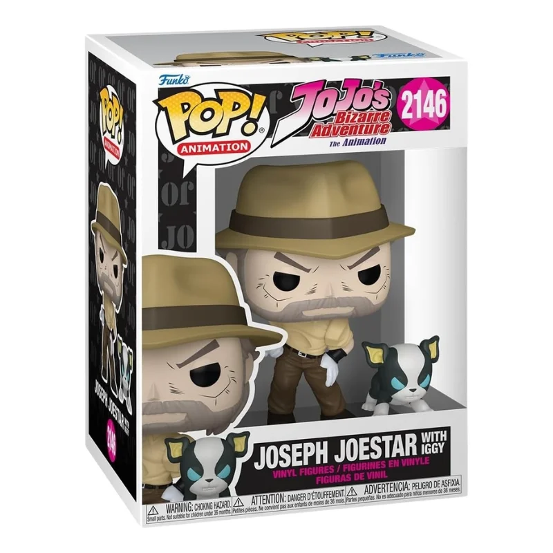 Funko Pop Joseph Joestar 2146 with Iggy Jojo's Bizarre Adventure en su caja con vista lateral de la tienda de figuras coleccionables online spain dreamspop