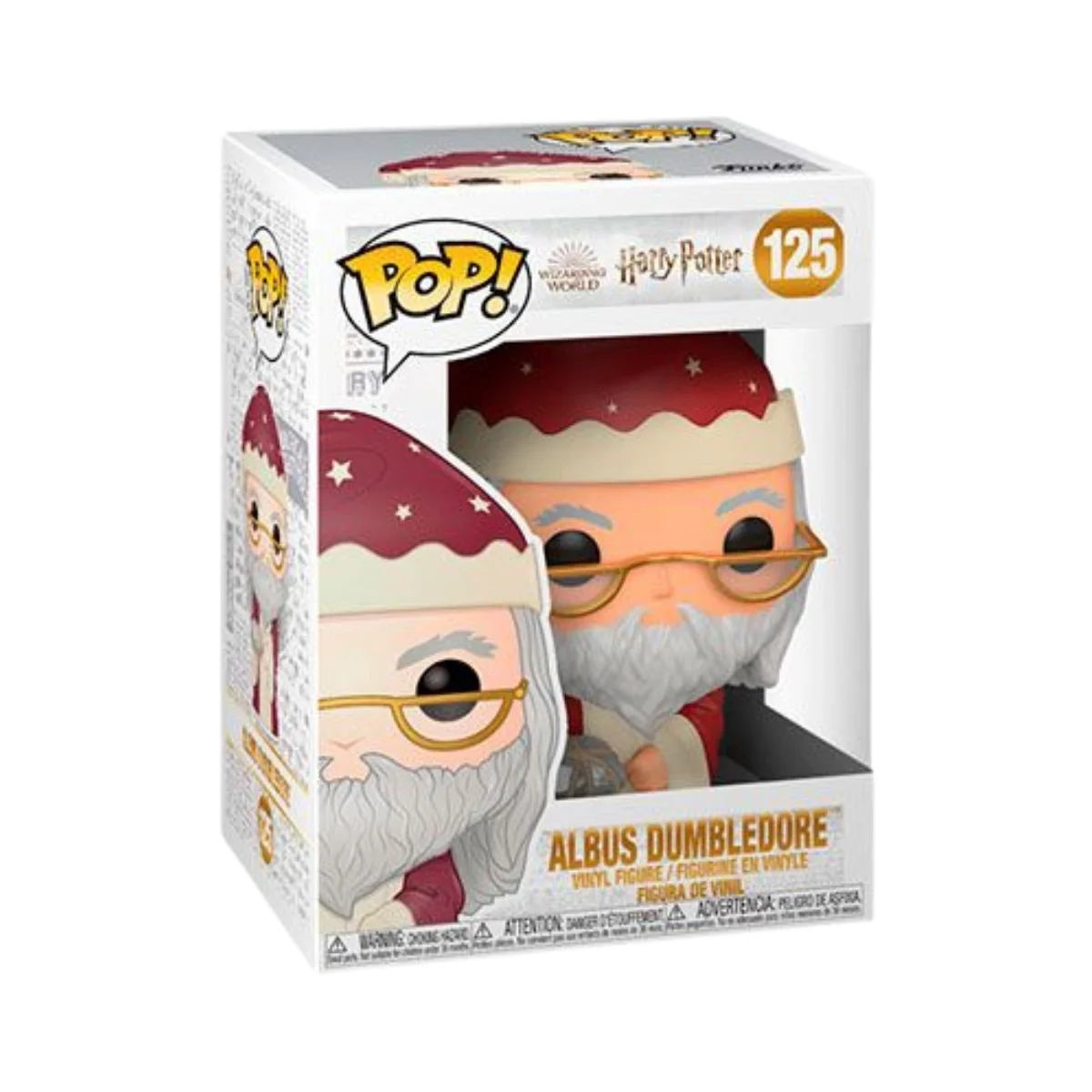 En este Funko de Albus Dumbledore 125, vemos que dicho personaje lleva un gorro de Papá Noel y un regalo en sus manos.