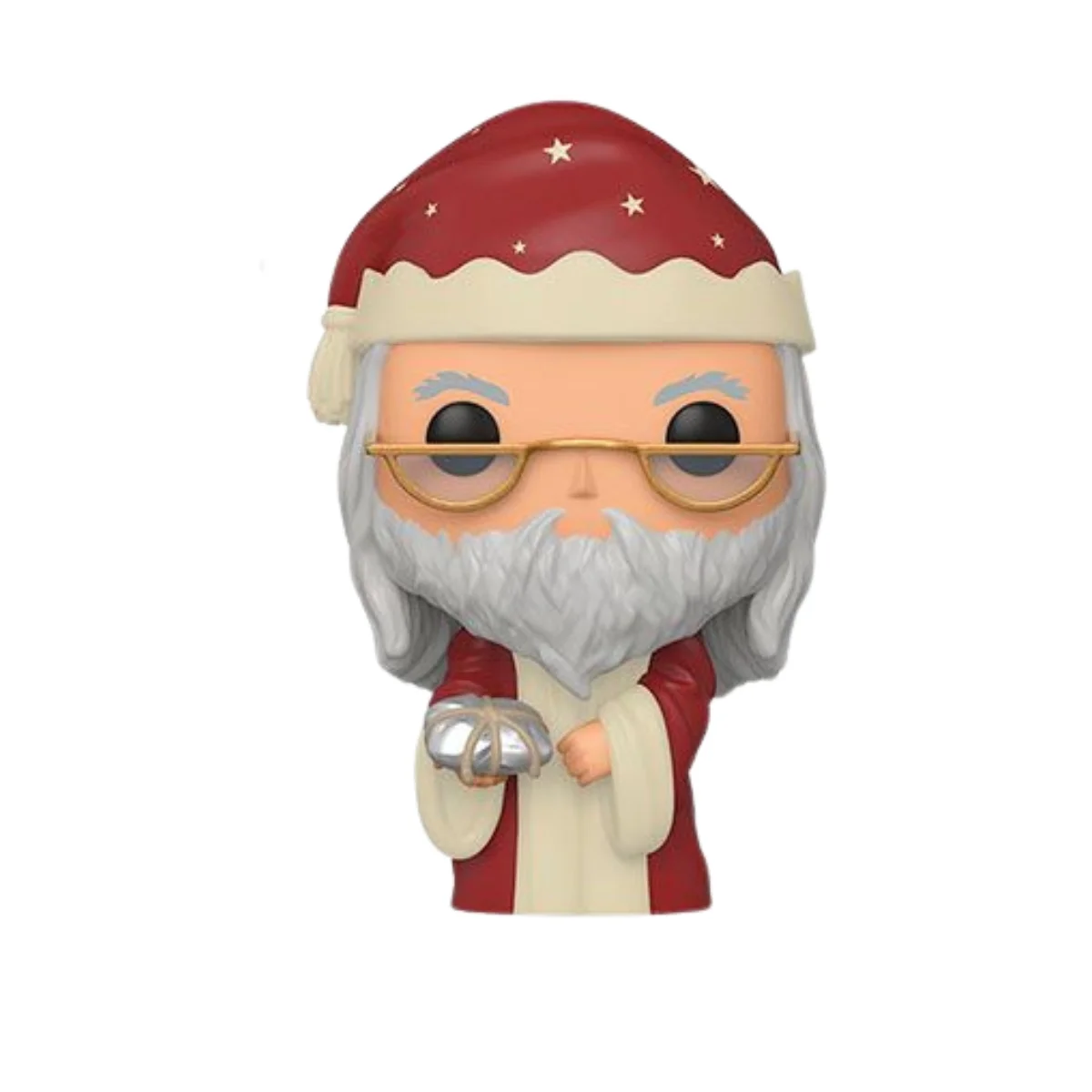 En este Funko de Albus Dumbledore 125, vemos que dicho personaje lleva un gorro de Papá Noel y un regalo en sus manos.