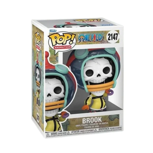 Este Funko es Brook de One Piece y es un esqueleto con un casco en su cabeza.