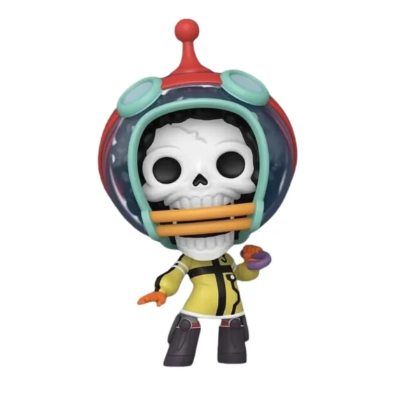 Este Funko es Brook de One Piece y es un esqueleto con un casco en su cabeza.