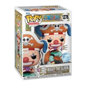 El Funko Buggy the Clown 1276 SE One Piece destaca por su diseño colorido y auténtico. Con su característico maquillaje de payaso, su nariz roja, el gorro con plumas y su capa, la figura refleja fielmente su estética llamativa y exagerada.