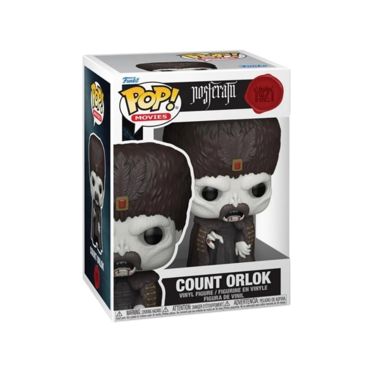 Este Funko Count Orlok 1921 es de Nosferatu, observamos que tiene una capa negra en sus hombros y los labios pintados de rojo.