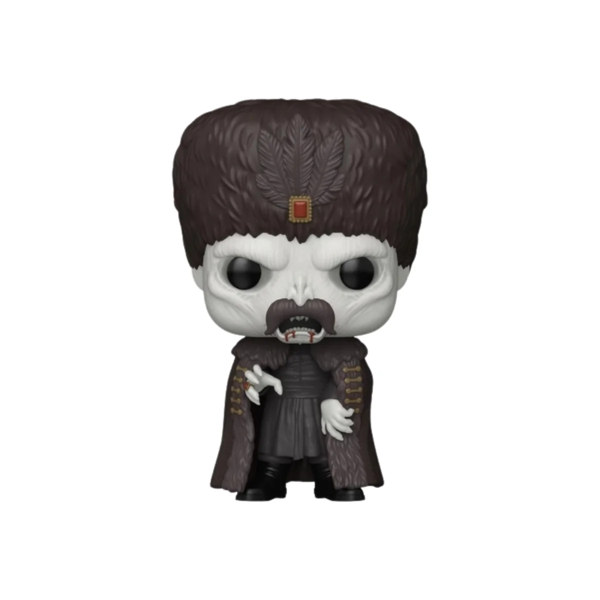 Este Funko de Count Orlok es de Nosferatu, observamos que tiene una capa negra en sus hombros y los labios pintados de rojo.