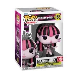 Este es el Funko de Draculaura 163, pertenece a la serie de Monster High y en esta pieza destaca la combinación de los colores rosa y negro en su pelo.
