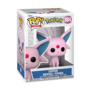Este es el Funko de Espeon 884 Pokémon, en esta pieza vemos que es de color rosa y aparte tiene las orejas de un tamaño muy grande.