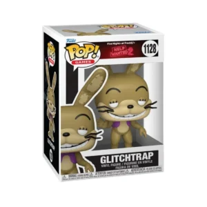 Este es el Funko de Glitchtrap de Five Night at Freddys el cuál lo vemos con una sonrisa y bigote negro.