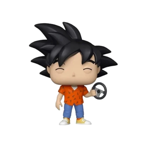 En este Funko vemos a Goku Driving Exam con una camisa de color naranja y un volante en su mano.